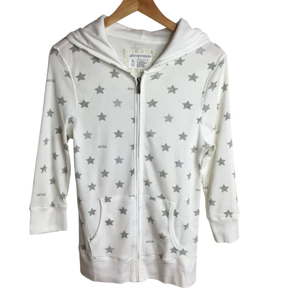 AÉROPOSTALE White Gray Star Hooded Full Zip Lightweight Knit Jacket XL Fit M